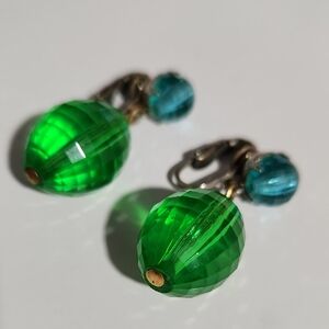Vintage 1950s DALSHEIM Swirled Light Green Glass Dangle Clip On Earrings